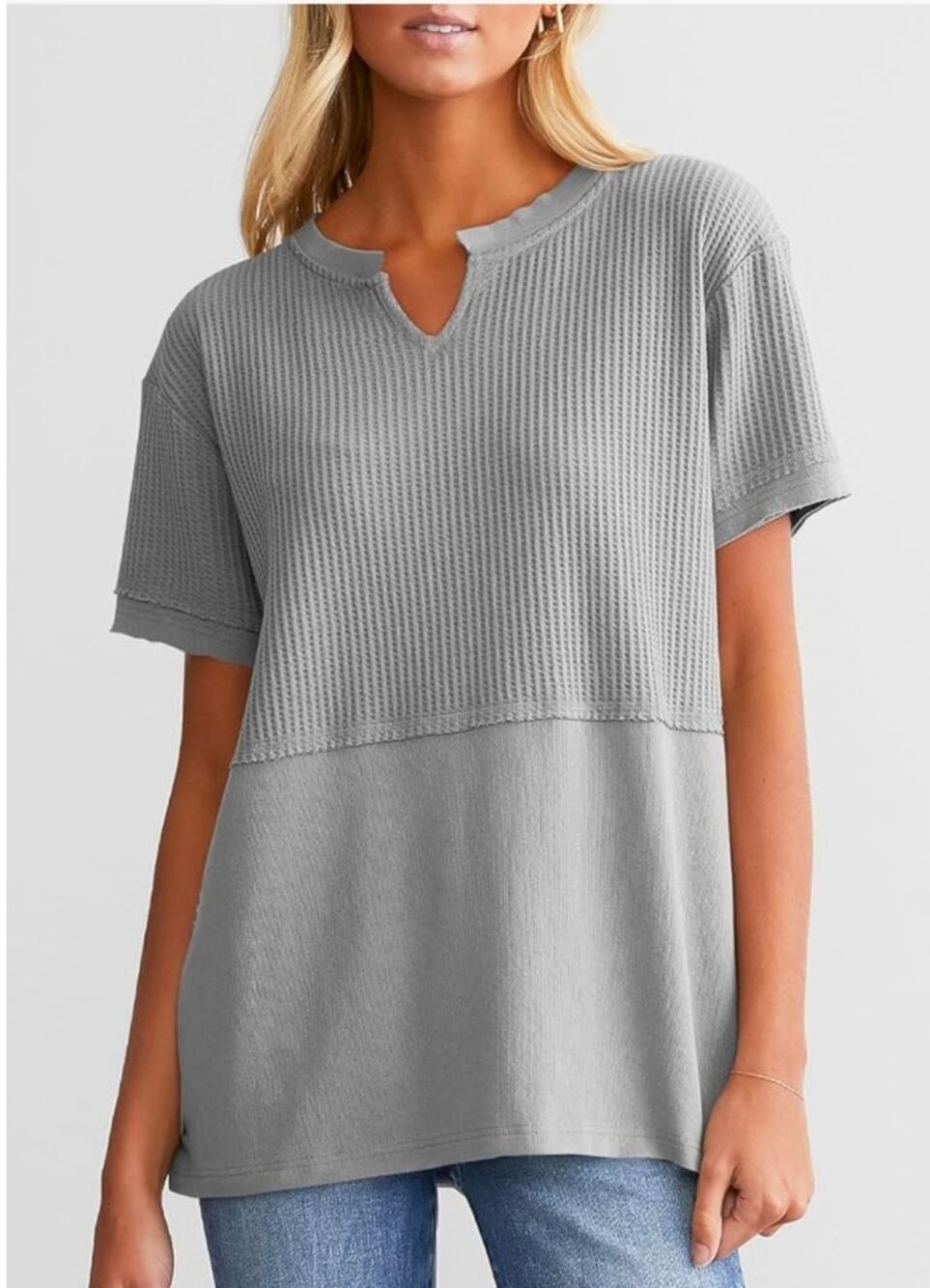 Women's Light Gray Waffle Knit Loose Fit Tunic Top Size Large